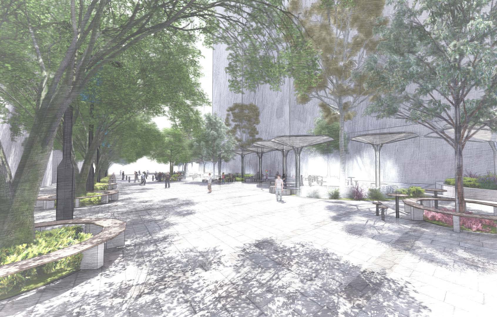 Artist Impression of Merrylands Civic Square: stage 2, looking north toward Main Lane