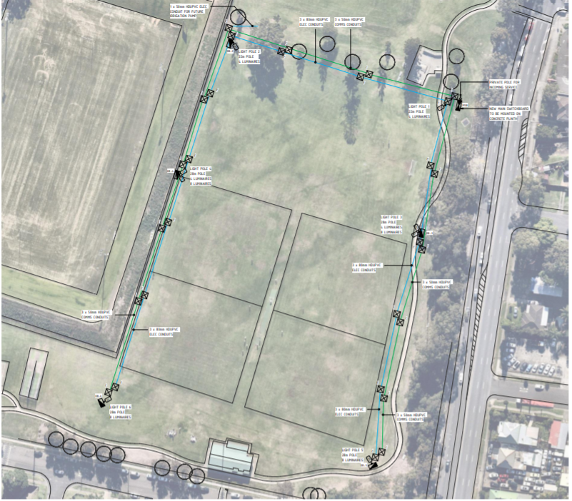 Granville Park Fields - Ariel view of subject site with proposal floodlighting markup