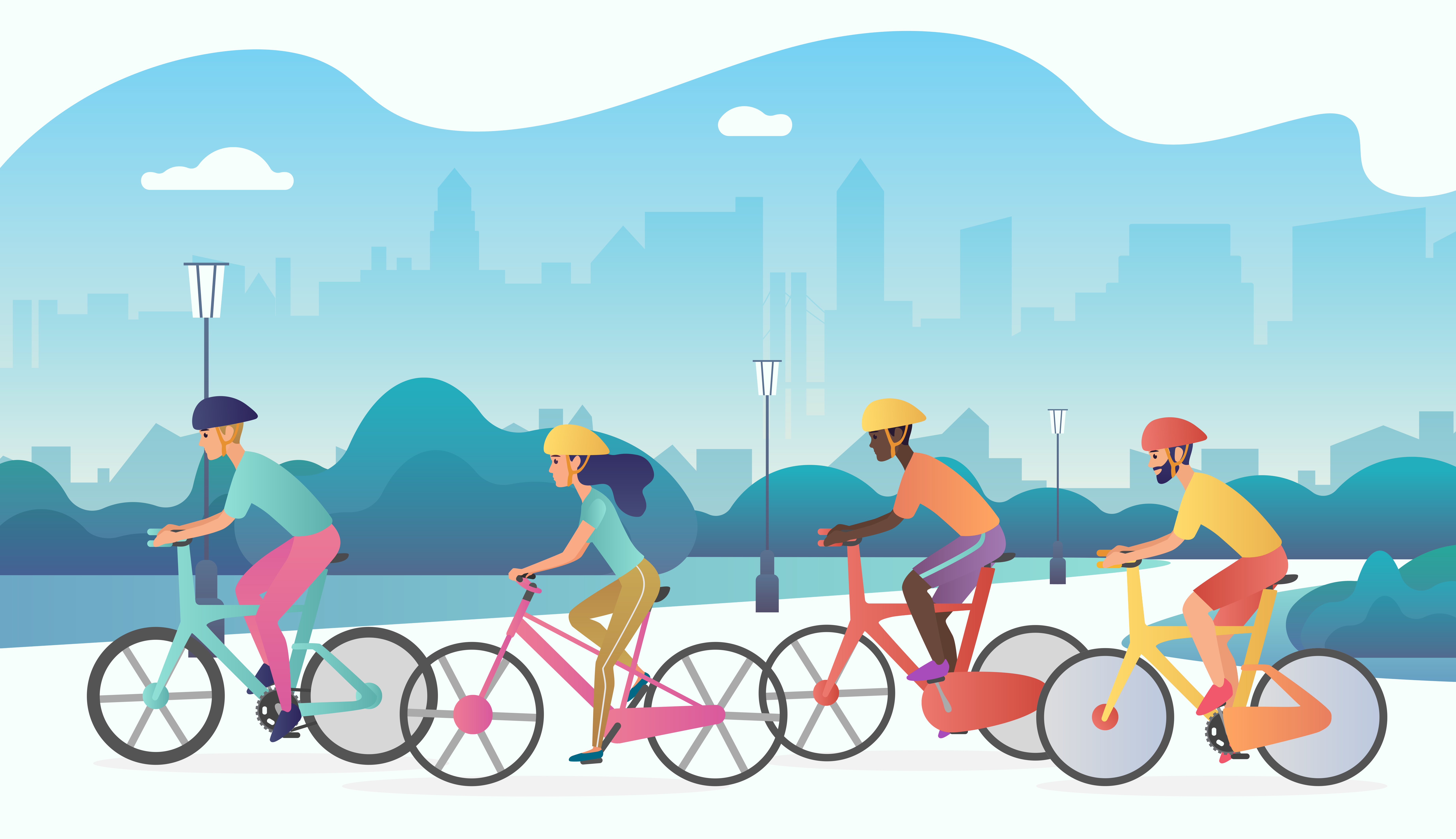 Illustrations of cyclists in an urban environment