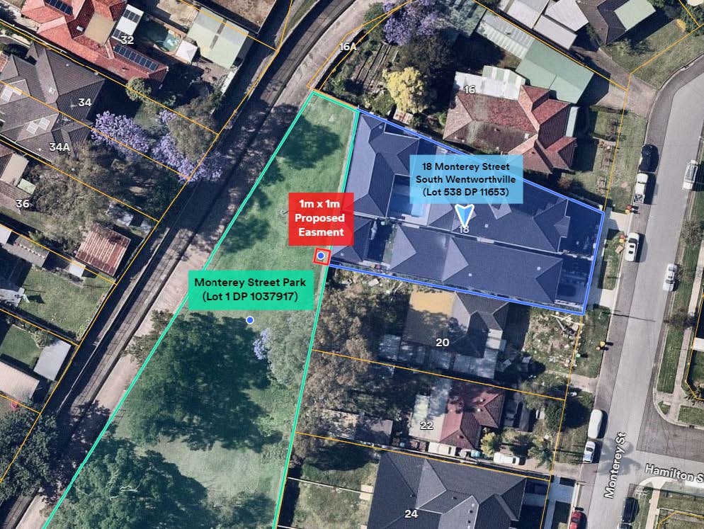 Map showing proposed easement at 18 Monterey Street South Wentworthville