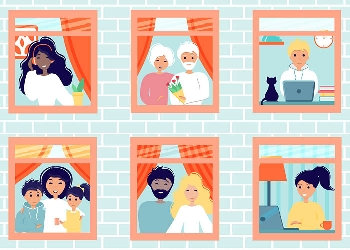 Illustration of diverse families, couples, young and old people look out windows