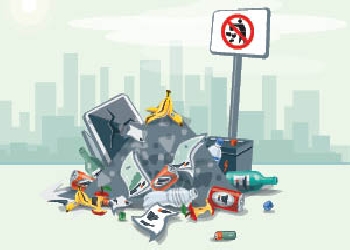 Illustration of no littering sign surrounded by dumped rubbish